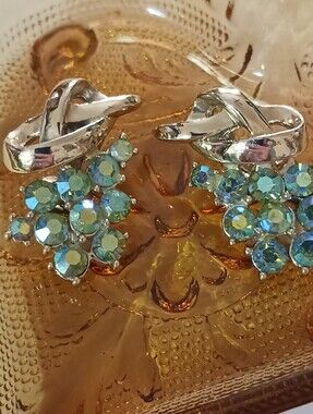 Signed Coro 1980s Clip-on Earrings, Aurora Borealis Crystals, Gold Prongs